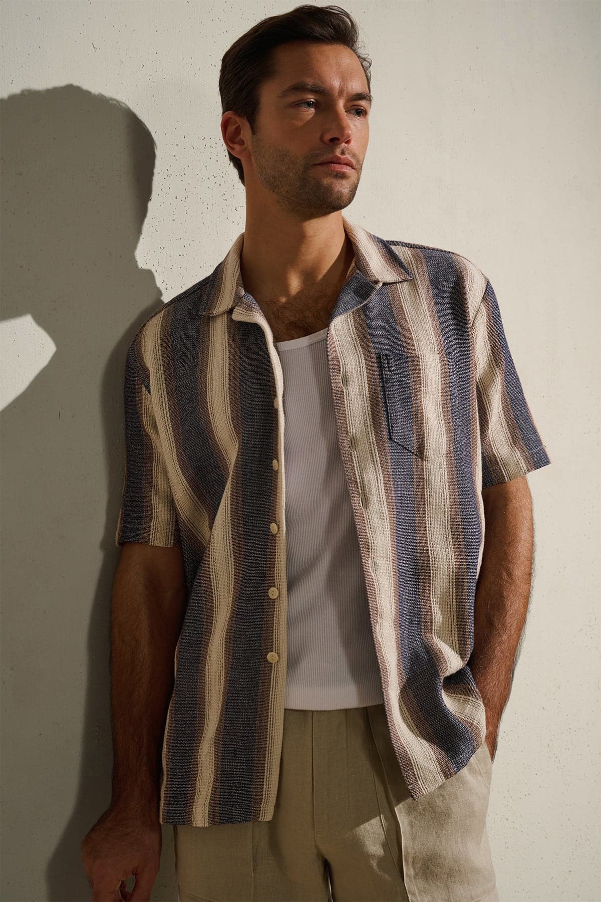 Navy Brown and Cream Crochet Weave Stripe Dress Shirt - image 1