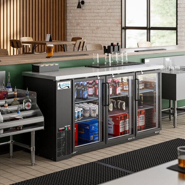 Avantco UBB-72G-HC 73" Black Counter Height Narrow Glass Door Back Bar Refrigerator with LED Lighting - image 1