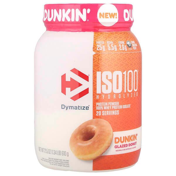 Dymatize ISO100 Hydrolyzed 100% Whey Protein Isolate Dunkin' Glazed Donut 1.34 lb (610 g) - image 1