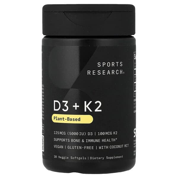 Sports Research, D3 + K2, Plant-Based, 30 Veggie Softgels - image 1