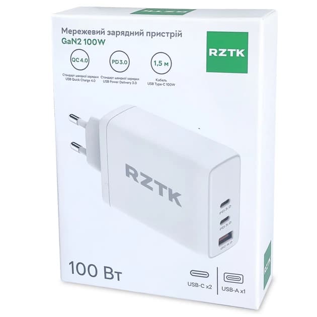 Зарядний пристрій RZTK GaN2 100W USB-A (QC4.0) 2xUSB-C (PD3.0) + кабель USB-C 100W White - image 1