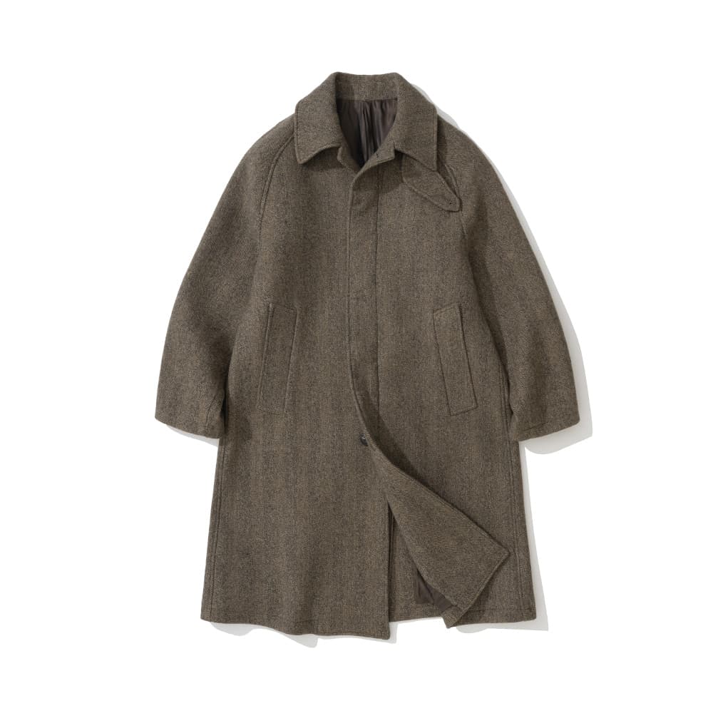 Herringbone Wool Balmacaan Coat Brown - image 1