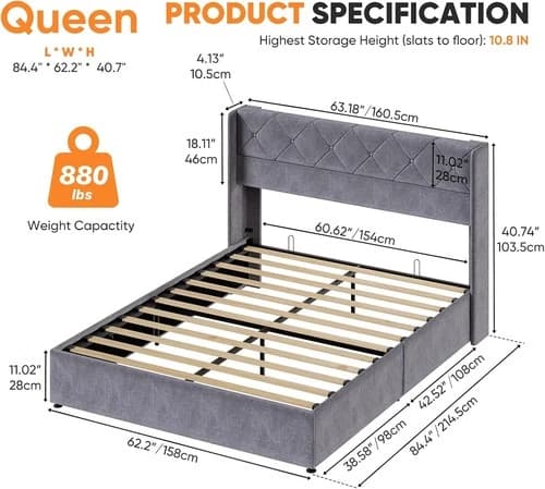 Lift Up Storage Bed Modern Upholstered Platform Bed Frame w/ Wingback Headboard - image 1