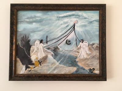 Oil painting prophecy, signed MG painted 1980 Islam, Jewish crisis Trump legacy - image 1