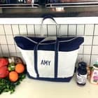Vintage LL Bean Boat And Tote Large Navy Blue Natural Zip Top AMY Monogram Bag - image 1