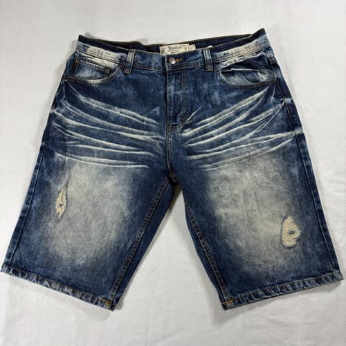 Akademiks Jeanus Mens 36 Distressed Denim Shorts Y2K Baggy Hip Hop 90s Fade Raw - image 1