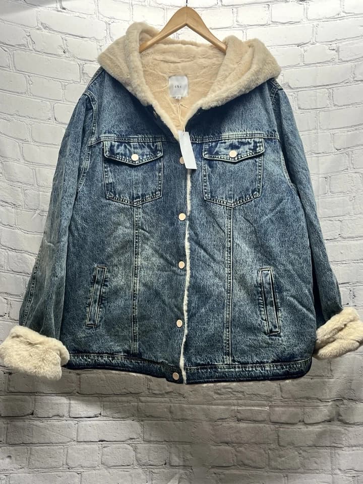 Denim Jacket Faux Fur Lining & Hood Women's Medium Wash 3X New - image 1