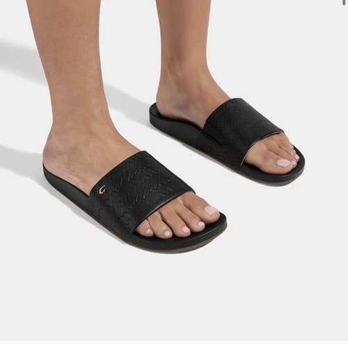 OLUKAI Kipe'a Pono Women's Leather Slide Sandals, Everyday Slide Black 8 - image 1