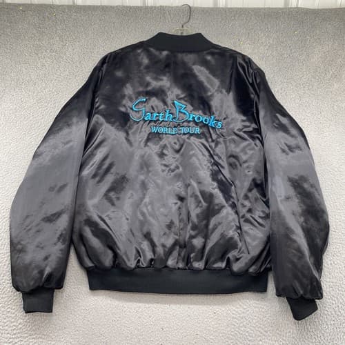 Vintage Taylor Garth Brooks World Tour Black Satin Bomber Snap Jacket Size XL - image 1