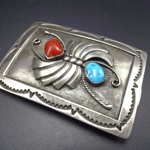 Signed Vintage Hand Stamped Sterling Silver Coral and Turquoise Belt Buckle - image 1
