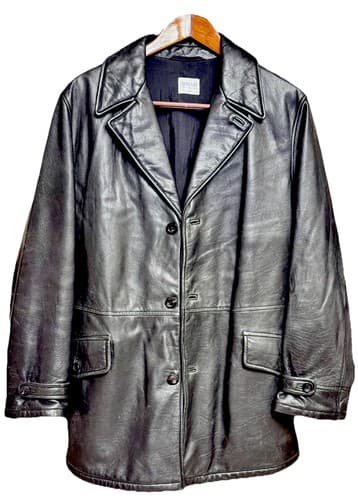 VTG Armani Collezioni Black Calfskin Leather 3 Button Mid Length Jacket Men 42 R - image 1