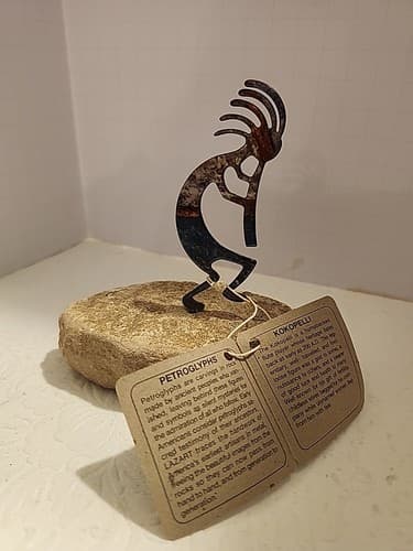 Kokopelli Lazart Enameled Metal Art Figurine Flute Dancer on Sandstone 4" tall - image 1