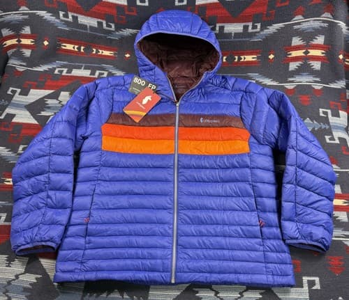 Cotopaxi Men's XL Fuego Hooded Down Jacket 800 fill Packable Blue W Stripes NEW - image 1