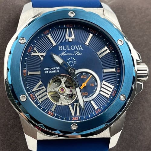 Bulova Marine Star Automatic 45mm Blue Dial Blue Silicone Strap Men's Watch 98A303 - image 1