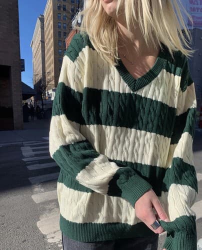 Brandy Melville Nikki Green and White Cotton Stripe Cable Knit Sweater Jumper - image 1