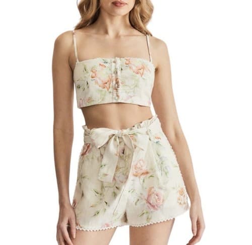 Caroline Constas Linen Crop Top & Short Set Rose Print Size XS - image 1