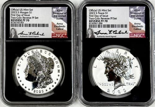 2023 S Reverse Proof Peace & Morgan Silver Dollar Set NGC PF70 FDOI Anna Cabral - image 1