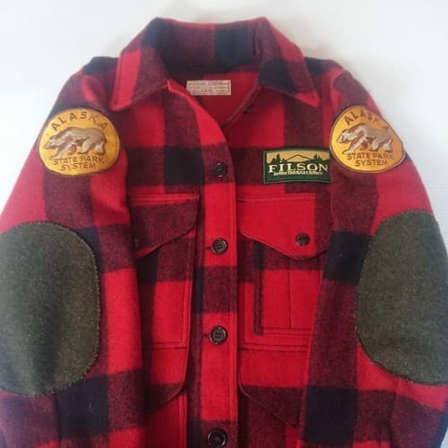 Filson Mackinaw Cruiser Jacket Black Plaid Red Elbow Patches Men - image 1