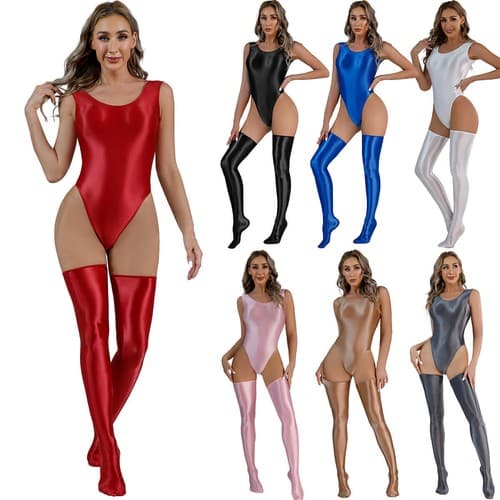 Womens Wet Look Satin Glossy Leotard Tank Bodysuit Jumpsuit Shiny High Stockings - image 1