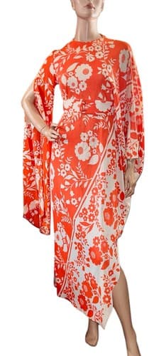 Vintage 1960-70’s Sexy One Sleeve Kimono Artsy Orange Floral Party Maxi Dress S - image 1