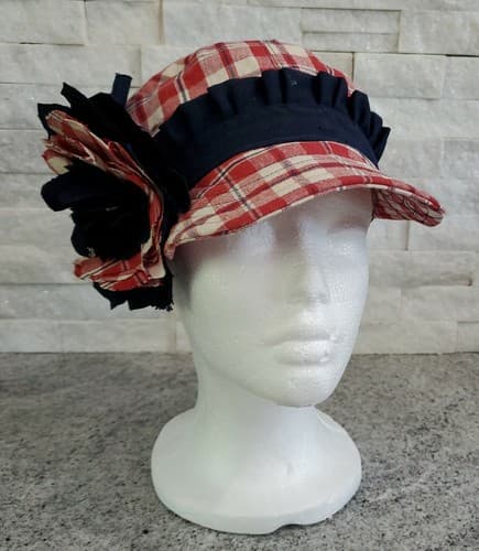 Red, White & Blue Plaid Breton Hat with Flower Accent for Women, 7" Diameter - image 1