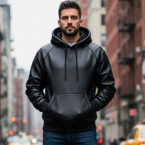 Men's Black Premium Leather Hoodie Genuine Lambskin Leather Handmade Jacket - image 1