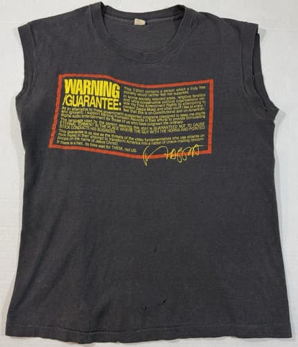 Vintage Frank Zappa 1984 Concert Tour Warning Label Sleeveless Shirt Medium - image 1