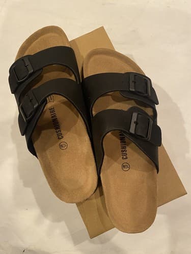 CUSHIONAIRE Lane Black Double Strap 9-9.5M Cork Footbed Sandal With Comfort + - image 1