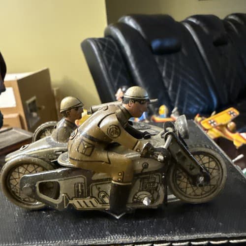 Tin Windup Motorcycle With Sidecar Gunner - image 1