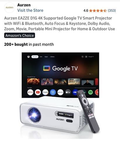 Aurzen EAZZE D1G Google TV Projector WiFi Bluetooth Auto Focus Dolby Audio - image 1