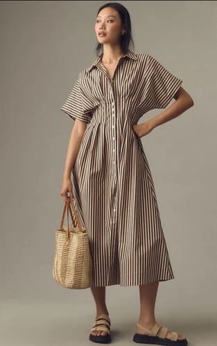 Anthropologie Exquise Tobie Button-Front Pleated Shirt Dress Brown Stripes Small - image 1