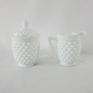 Vintage Fenton Milk Glass Hobnail Scallop Edged Creamer & Lidded Sugar Bowl Set - image 1