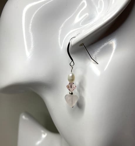Handmade Pearl Pink Crystal Heart Rose Quartz Sterling Earrings - image 1