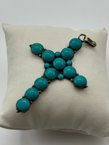 Vintage 925 Sterling Silver Mexican Cross Pendant with Real Turquoise Stone - image 1