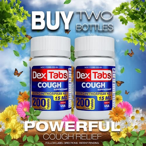 2 PACK DexTabs Cough Suppressant 200 Tablets 15 mg Dextromethorphan - image 1