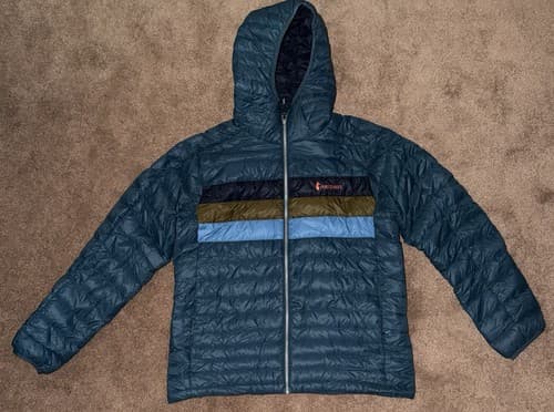 Cotopaxi Fuego 800 Down Hooded Winter Jacket Men Green Abyss Stripes Large L - image 1