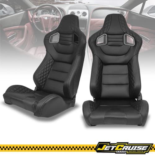 Jetcruise Universal Pair Reclinable Racing Seats Dual Slider Black PU Carbon Leather - image 1