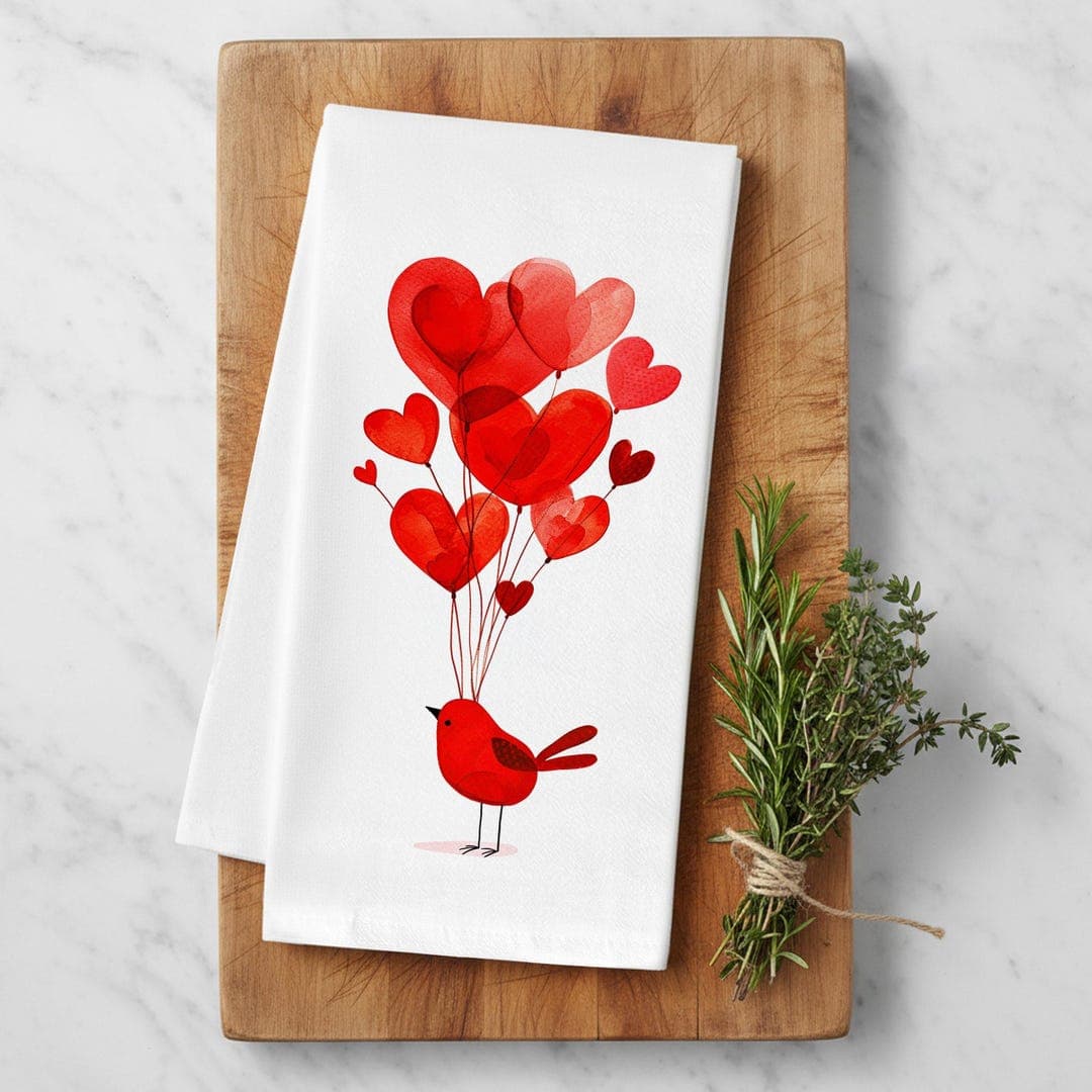 Red Bird and Heart Balloons - Valentines Day Cotton Kitchen Towel - image 1