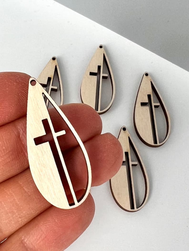 Teardrop Cross Wood Earring Blanks, Laser Cut Jewelry Making - image 1