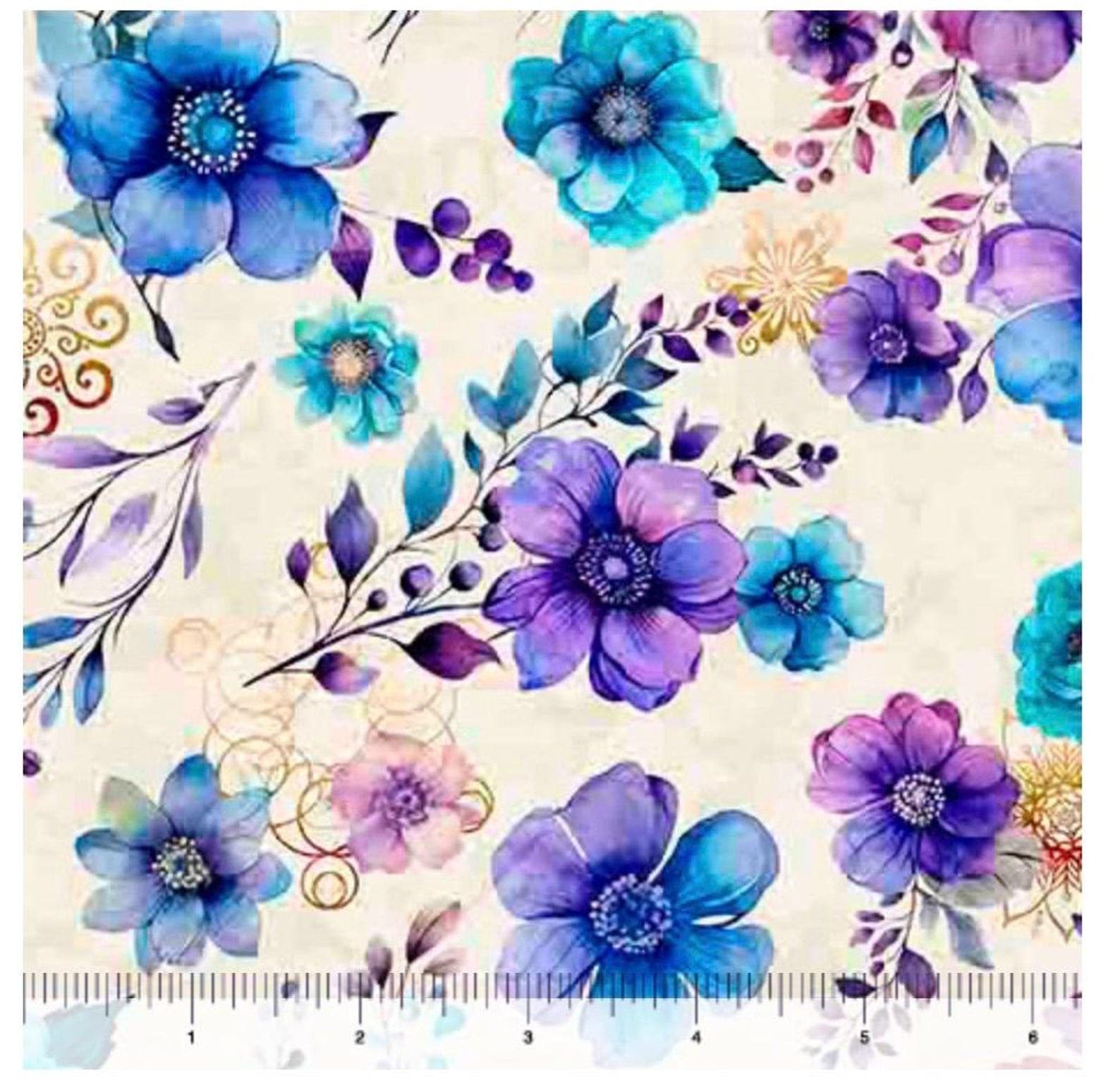 Floral Toss in Purple and Blue on Cream by QT Fabrics Quality Cotton Fabric by the Yard Continuously Cut Beautiful Flowers - image 1