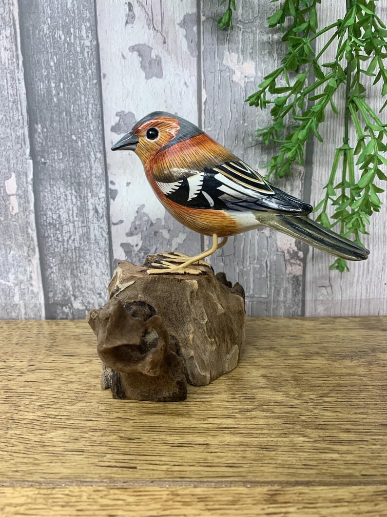 Hand Carved Chaffinch Ornament, Painted Wooden Bird Sculpture, Rustic Home Decor - image 1