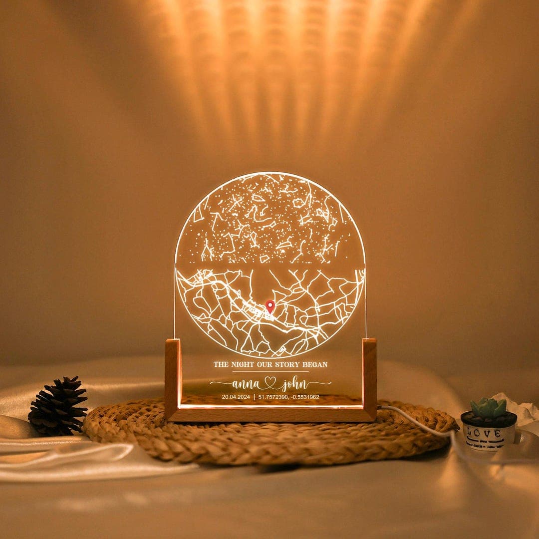 Personalized Star Map Night Light, Location Map with Name Lamp, Star and City Map Plaque, Engagement Constellation Lamp, Star Map by Date - image 1