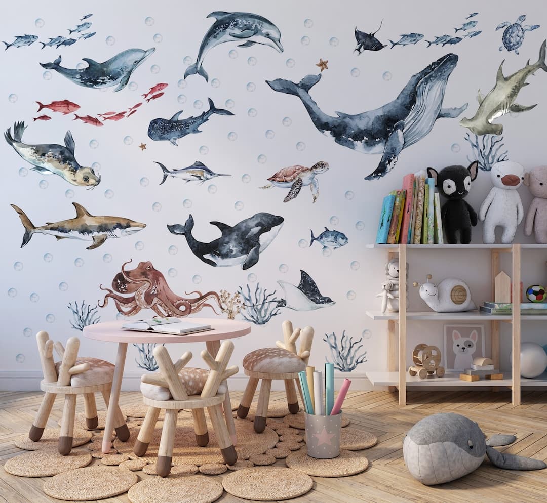 Ocean Animals Wall Decal, Sharks wall stickers, whale decals - image 1