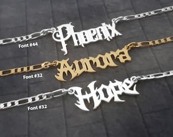 Gothic Name Necklace, Figaro Chain, Sterling Silver, 18K Gold Plated - image 1