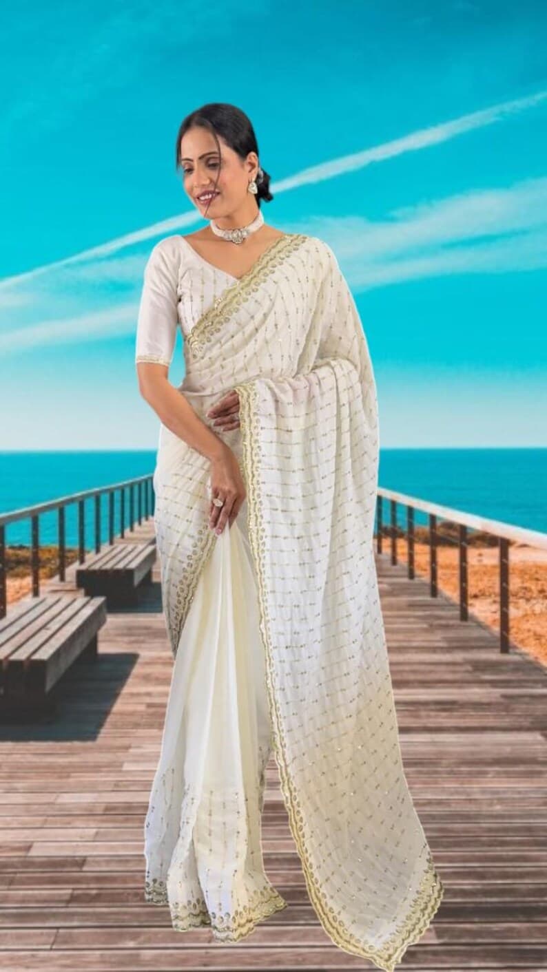 Star Georgette Saree: Sequins Embroidered Arco Border Work | Made Ready Wear Saree and Top - image 1