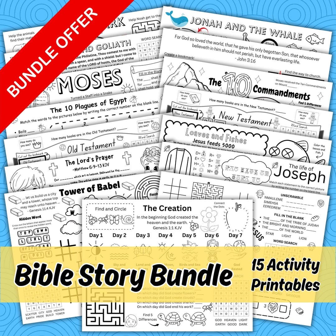 Bible Story Activity Placemat Bundle for Kids, 15 Printable Christian Bible Stories Activity Coloring Pages for Sunday School Church Lesson - image 1
