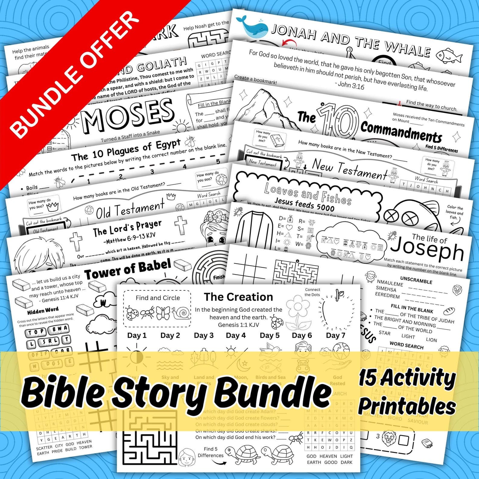 Bible Story Activity Placemat Bundle for Kids, 15 Printable Christian Bible Stories Activity Coloring Pages for Sunday School Church Lesson - image 1