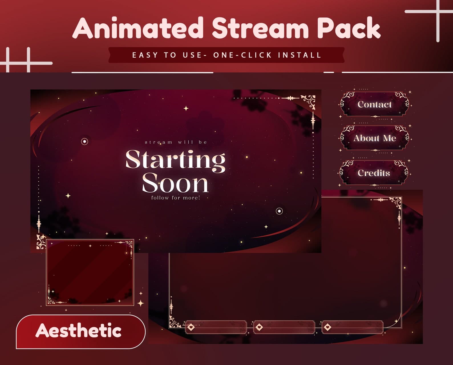 Animated Stream Pack for Twitch, Kick, Youtube/Aesthetic Overlay/Sakura Essence/Transition/Dark/Red Color/Twitch Set/Animation/Flower Design - image 1