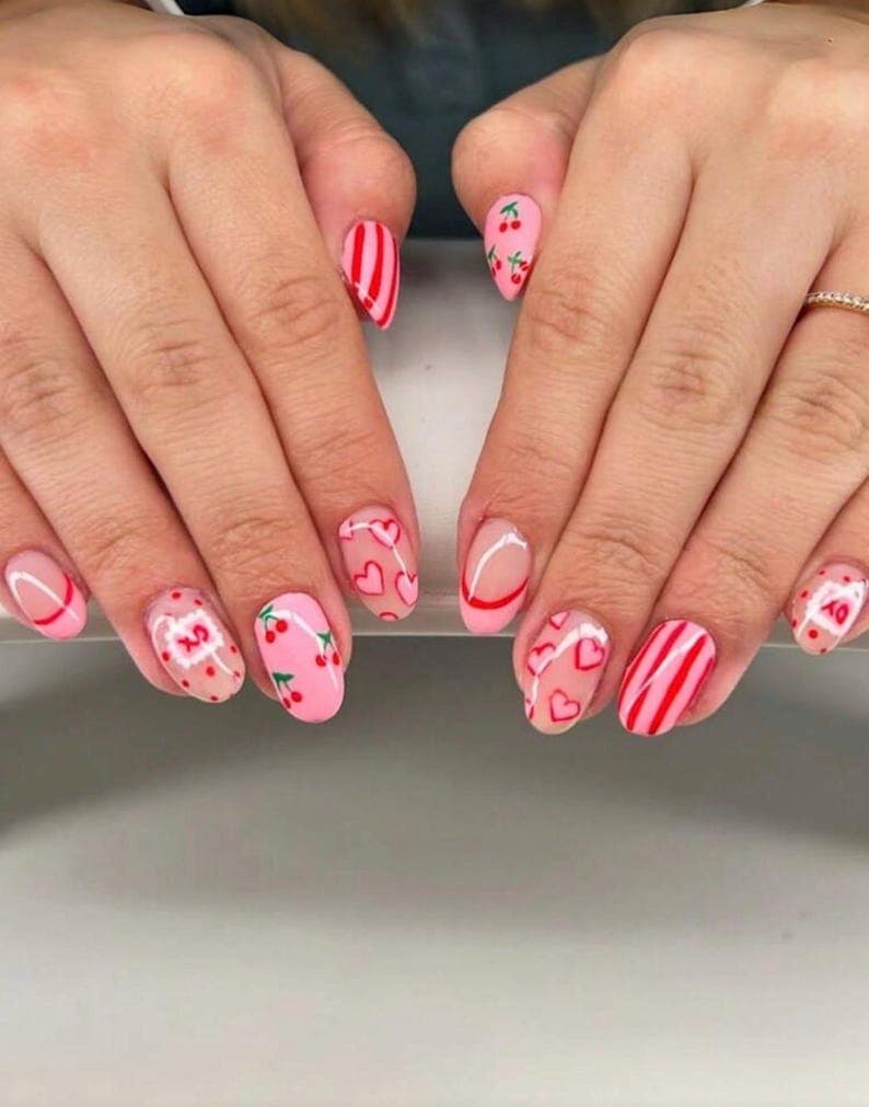 Handmade Valentine's Day Press On Nails | Pink Heart & Cherry Almond Nails - image 1