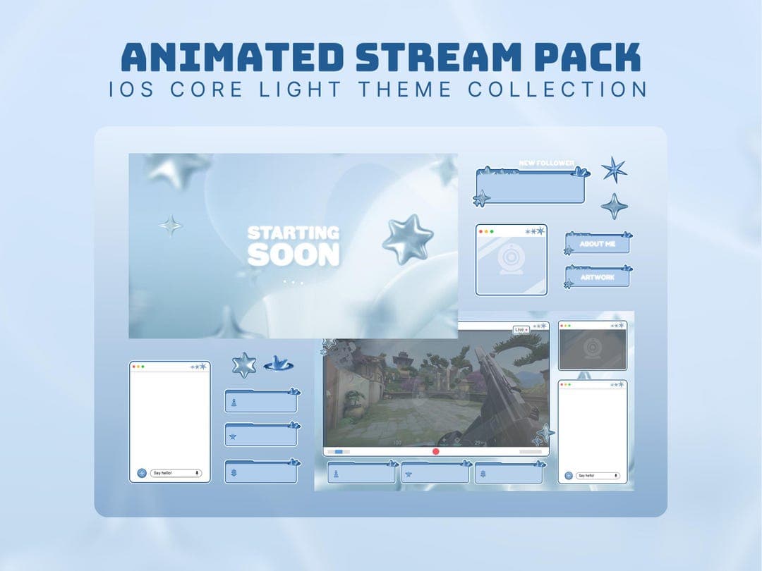 y2k stream pack ios core twitch package blue overlay stream for vtuber minimalist stream screens retro twitch pack cute stream package white - image 1